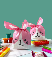 Пакети подарункові дитячі для частувань з вушками зав'язками і малюнком рожевий Зайчик 32х20 см набір 10 шт