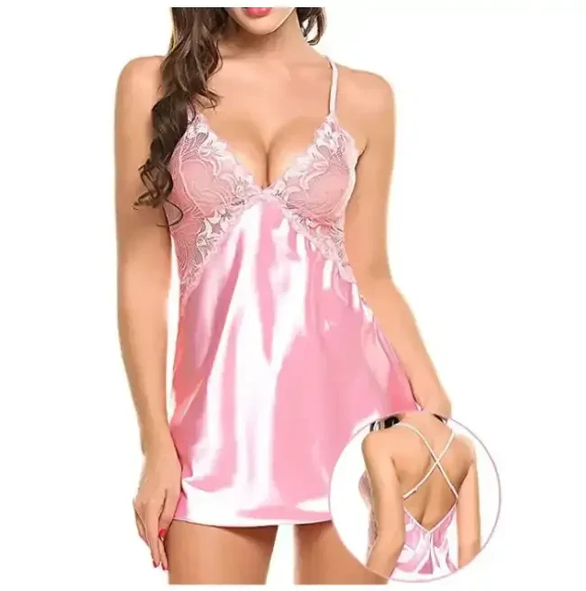 Жіноча нічна сорочка з вирізом на спині у рожевому кольорі, фото 1