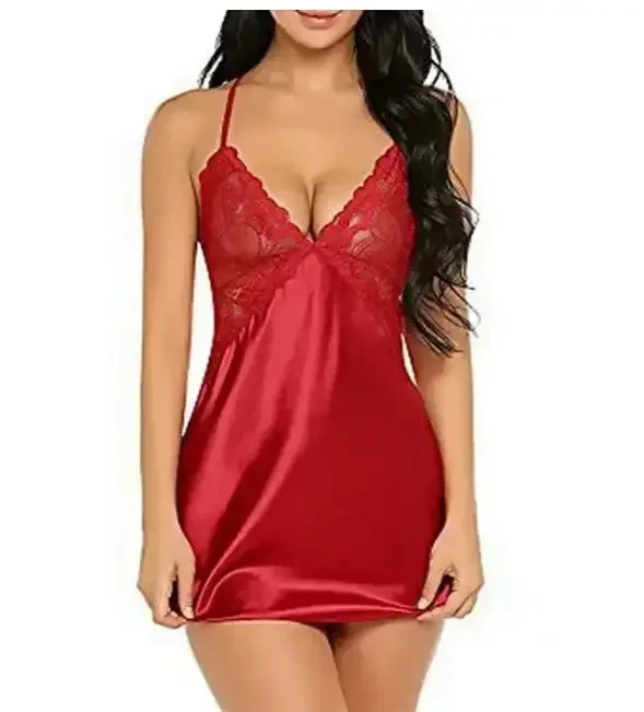 Жіночий пеньюар зі стрейчевого атласу з вишивкою на грудях у червоному кольорі, фото 1