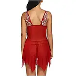 Нічна жіноча сорочка червоного кольору з вишивкою на тонких бретельках, фото 4