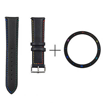 Комплект для Xiaomi Watch S3/S4 Black-rainbow (безель ATR+шкіряний ремінець)
