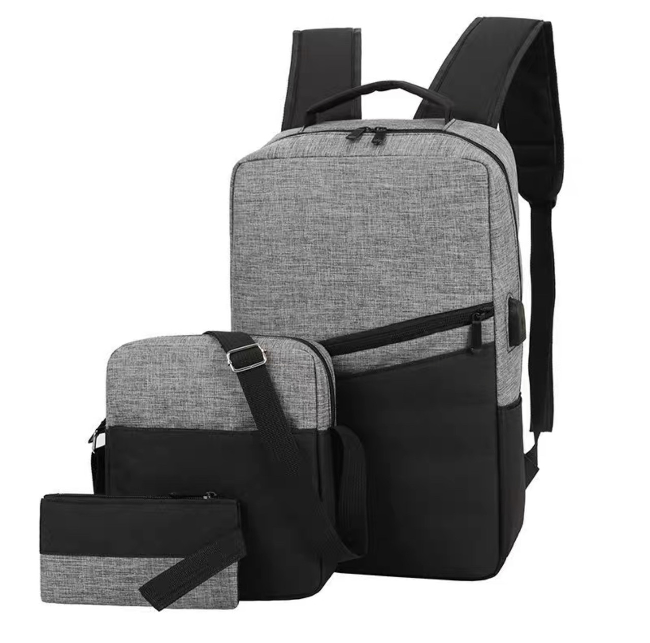 Набір 3 в 1 рюкзак, сумочка, пенал USB 1257-1 black-grey