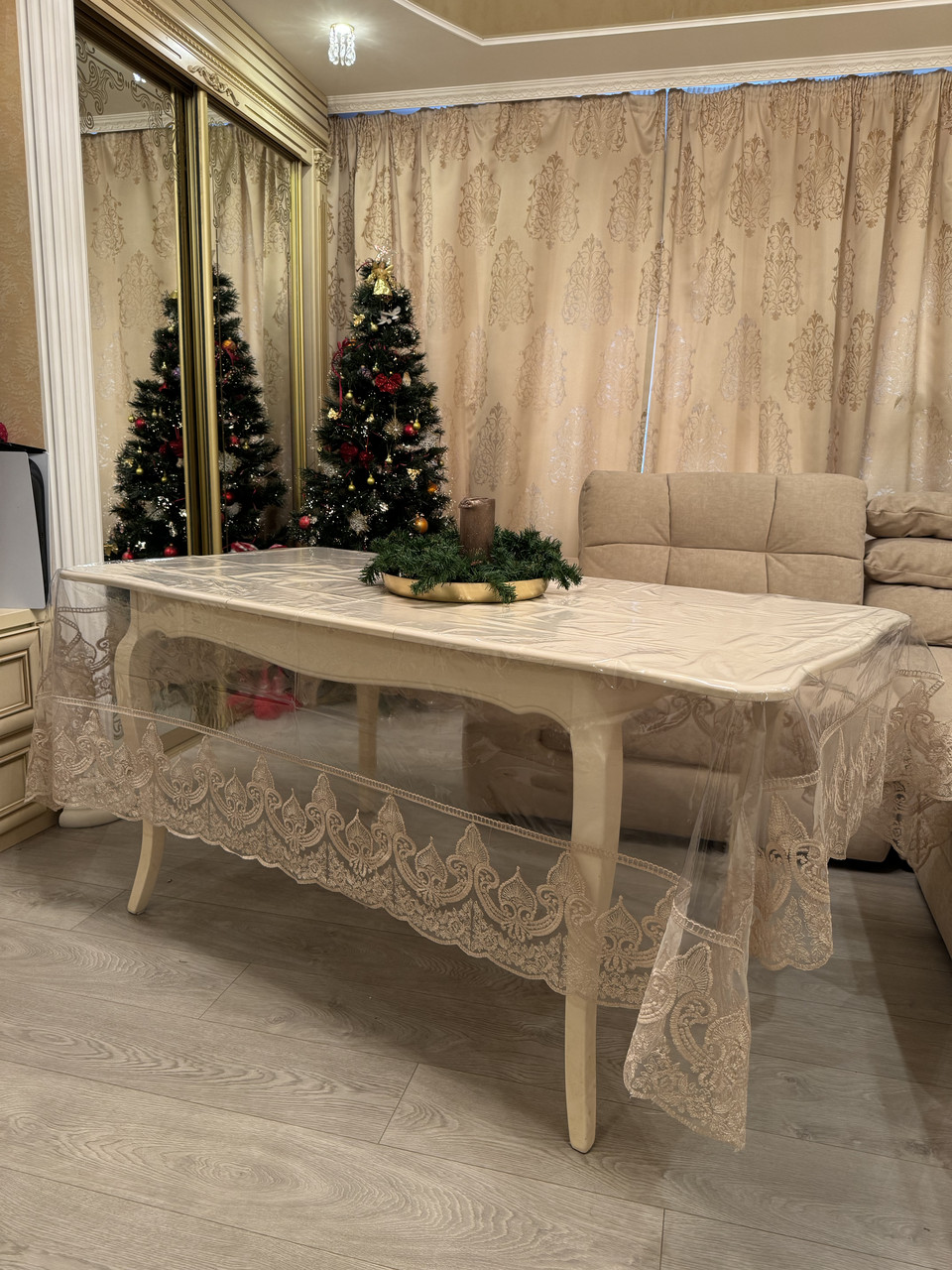 Скатертина силіконова з мереживом на розкладний стіл 160х220 Lukka Cappucino, фото 1