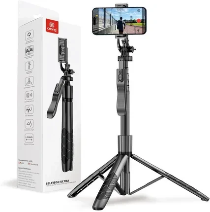 Селфіпалка з керуванням Crong SelfieGo Ultra – Aluminiowy selfie stick Bluetooth tripod (Black)