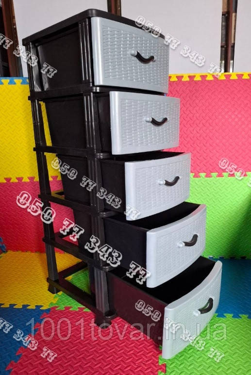 Комод пластиковий на 5 ящиків Ротанг сірий з чорним, фото 1