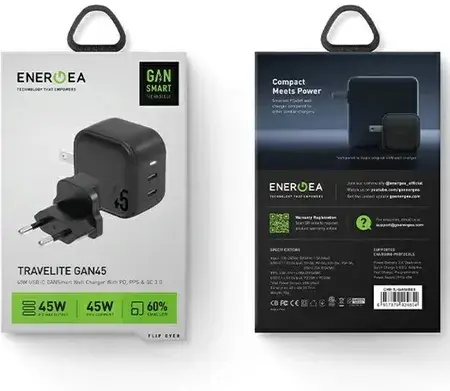Зарядний пристрій Energea Ład Siec 2Xusb C Pd Pps 45W 2C Black Black Us Eu Travelite Gan45, фото 5