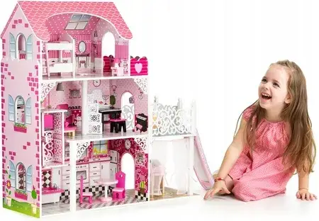 Іграшка Ecotoys Drewniany Domek Dla Lalek Z Windą Tarasem I Zjeżdżalnią, фото 1