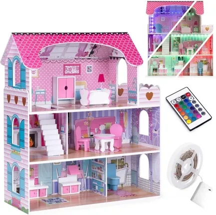Іграшка EcoToys Drewniany Domek Dla Lalek Z Oświetleniem LED + Mebelków