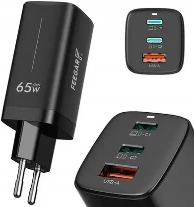 Зарядний пристрій Feegar Gall GaN 65W USB-A USB-C Black, фото 3