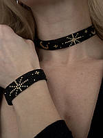 Чорний набір прикрас із бісеру: чокер + браслет, стрічковий гердан місяць і зірки