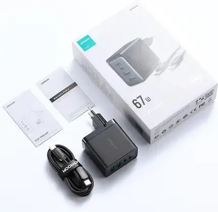 Зарядний пристрій Joyroom GaN 67W 4 porty (2x USB, 2x USB C) Black (TCG02) + USB C – USB C 100W 1.2m, фото 4