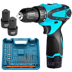 Шуруповерт у кейсі з набором інструменту 12V, W12 + 2 акумулятори / Акумуляторний шуруповерт-дриль