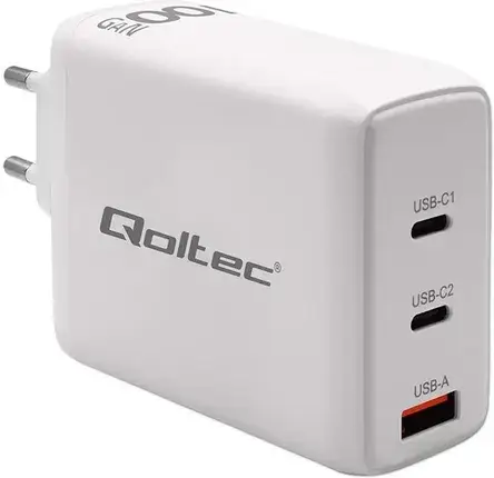 Зарядний пристрій Qoltec Sieciowa 100W Gan , 5-20V 1.5-3A 2Xusb-C Pd 1Xusbqc 3.0 Biała, фото 1