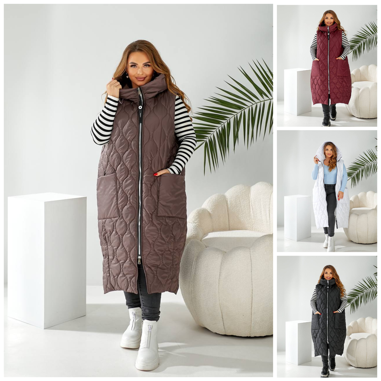 Р-ри 56-70 Стігана довга вільна жилетка з кишенями, фото 1