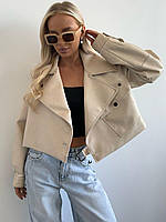 Укорочена жіноча куртка косуха бежева екошкіра на підкладі No3085/1