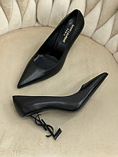 Жіночі чорні шкіряні туфлі YSL Opyum Pumps на фігурному чорному підборі туфлі Yves Saint Laurent Ів Сен Лоран, фото 5