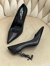 Жіночі чорні шкіряні туфлі YSL Opyum Pumps на фігурному чорному підборі туфлі Yves Saint Laurent Ів Сен Лоран, фото 6