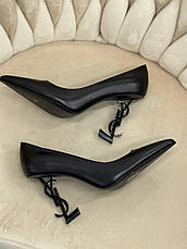 Жіночі чорні шкіряні туфлі YSL Opyum Pumps на фігурному чорному підборі туфлі Yves Saint Laurent Ів Сен Лоран, фото 3