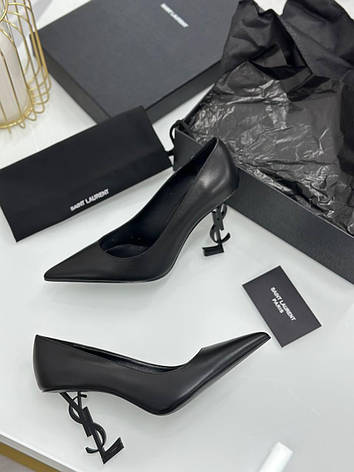Жіночі чорні шкіряні туфлі YSL Opyum Pumps на фігурному чорному підборі туфлі Yves Saint Laurent Ів Сен Лоран, фото 1
