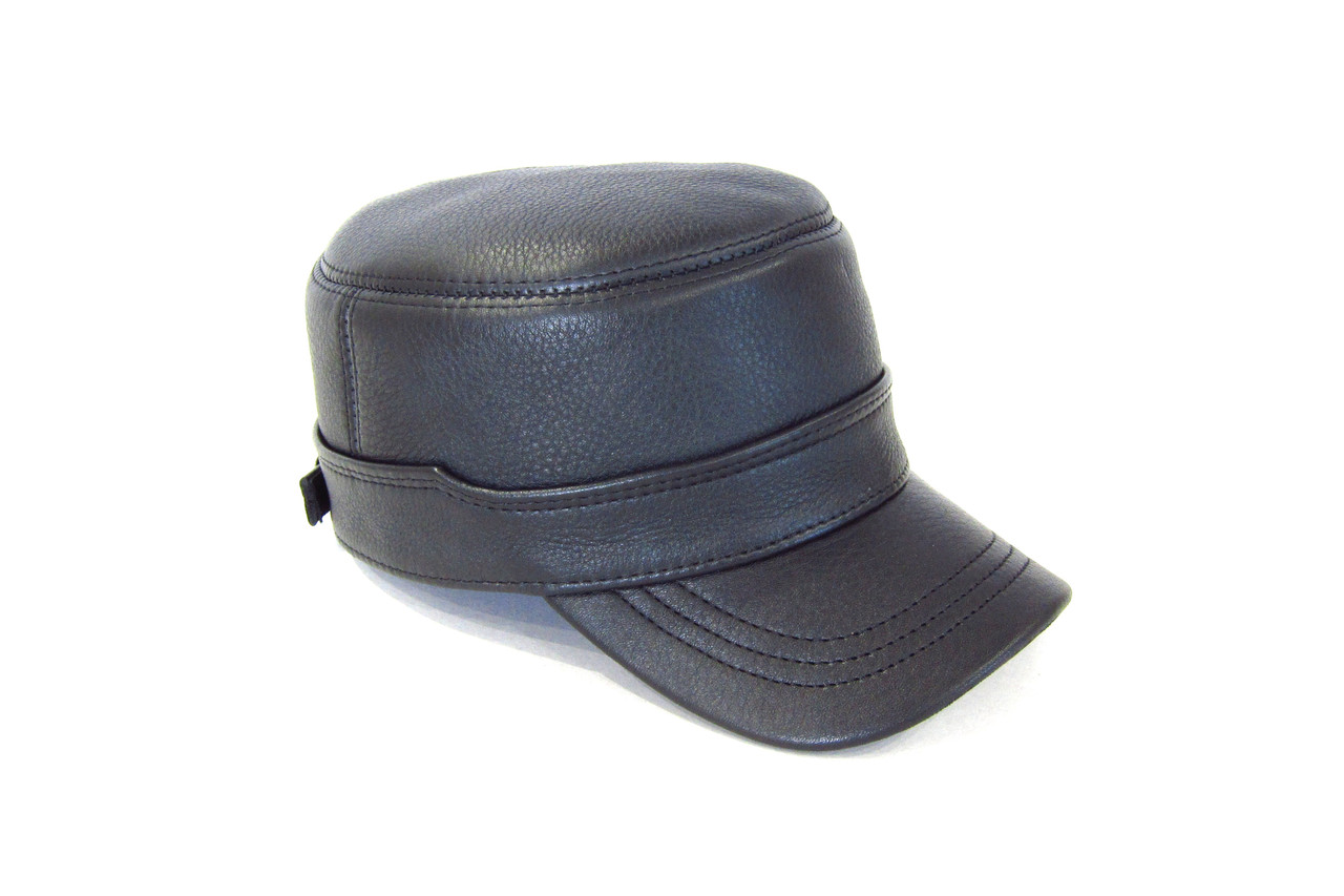 Чоловіча кепка немка з натуральної шкіри теля чорна на флісовій підкладці DAVANI 95002