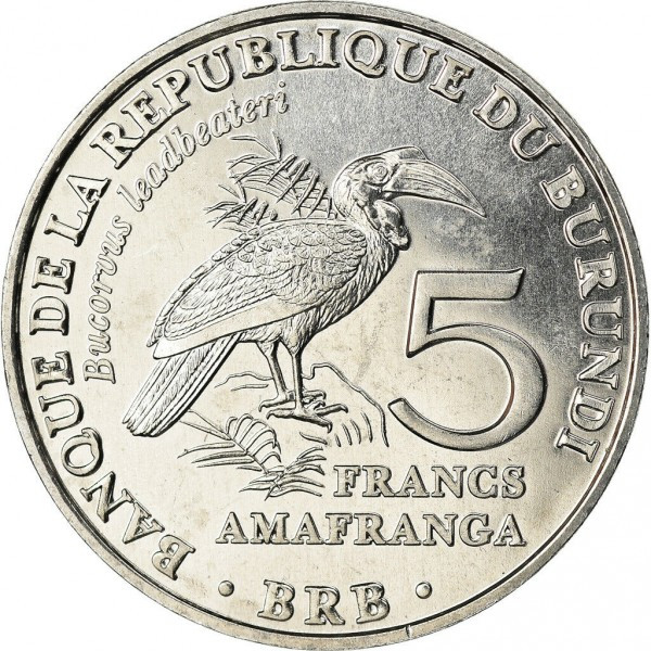 Бурунді 5 франків, 2014 Птахи - Кафрський рогатий ворон (Bucorvus leadbeateri) №3410, фото 1