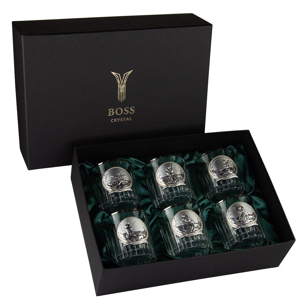 Набір для віскі "Fishermen" – 6 келихів з платиною, подарунок рибалці з срібною символікою Гранд Презент GPB6FMN2PGD