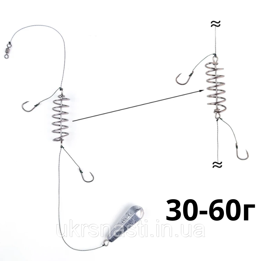Рибальська снасть Вбивця карася на 2 гачки 30г-60г Готова оснастка Карась Elite, снасть кормачок, фото 1