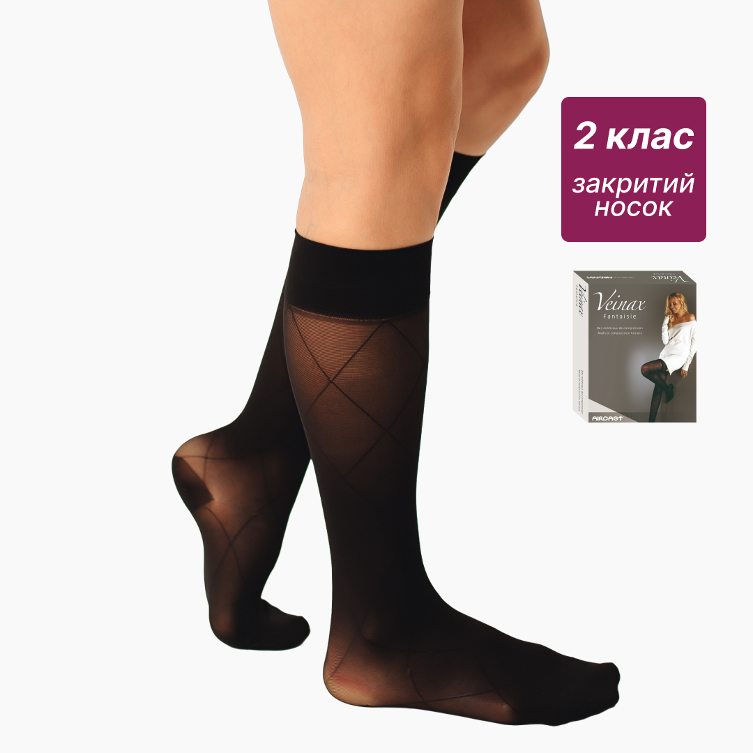Гольфи компресійні медичні 2 клас (чорні) довгі Фентезі понад 40 см 15-20 мм рт ст Veinax, фото 1