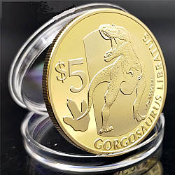 Сувенір монета 5 доларів 2015 г, "Горгозавр" голд. Сьєра Леоне. Динозаври