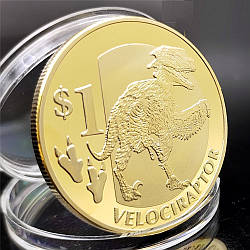 Сувенір монета 1 долар 2015 г, "Велцираптор" голд. Сьєра Леоне. Динозаври
