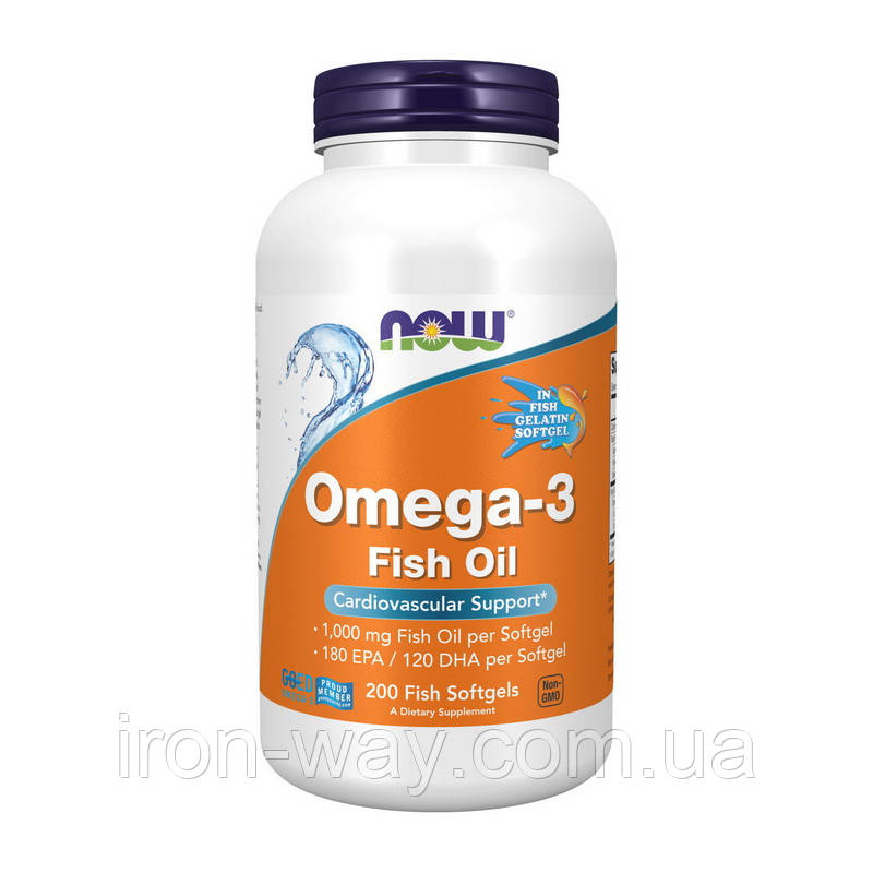 NOW Omega-3 Molecularly Distilled (200 fish softgels), фото 1