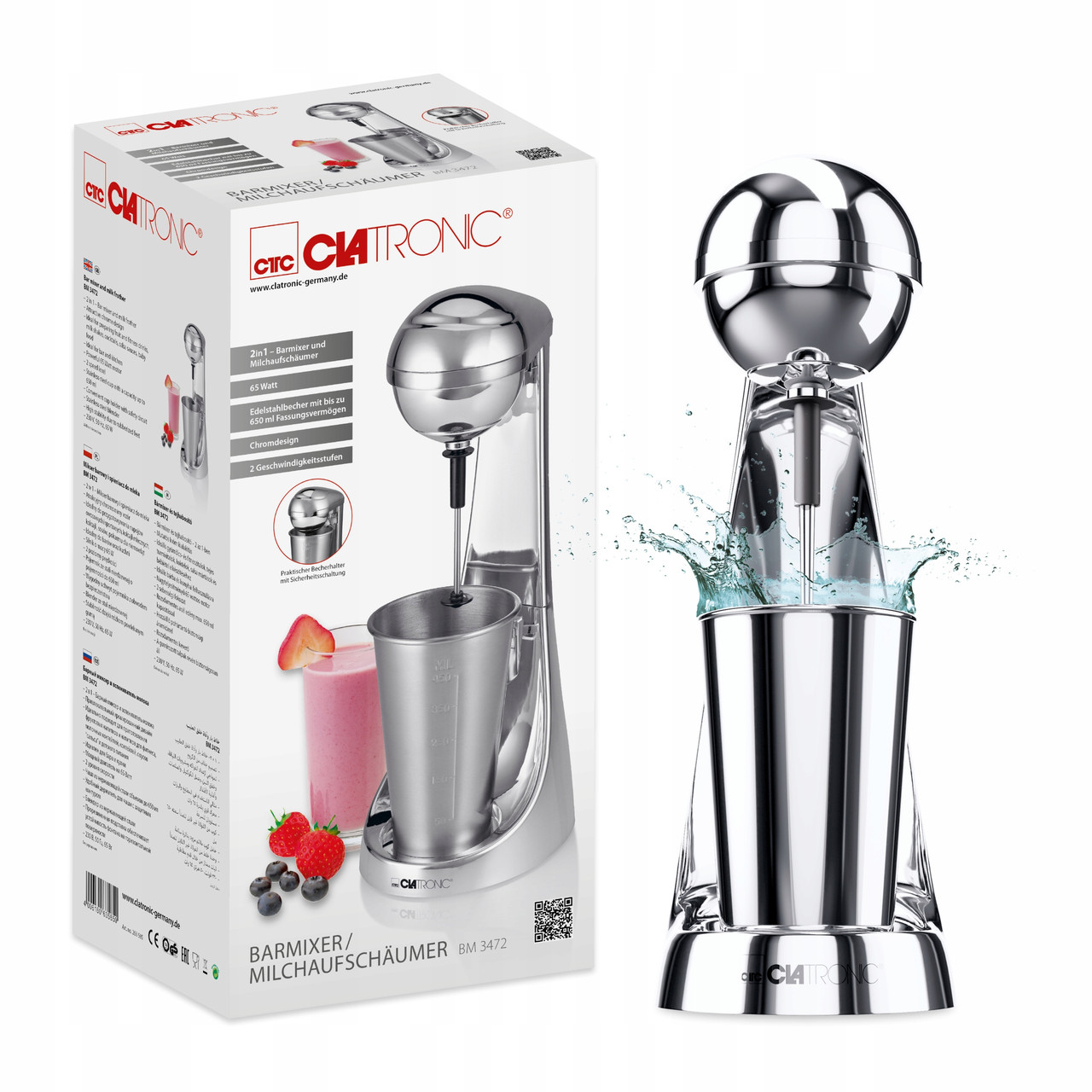 Міксер-піновзбиватель Clatronic BM 3472 Chrom — 65 Вт, 650 мл, хромований дизайн, фото 1