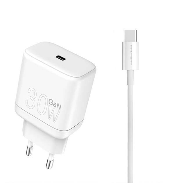 Комплект швидкого заряджання WUW T63 GaN TYPE-C PD 30W + USB кабель Type-C - Type-C Білий
