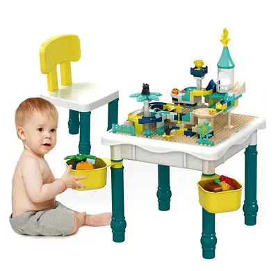 Ігровий столик для навчання та гри з конструкторами стільчик Багатофункціональний набір 6в1 121 деталь для дітей