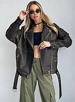 Жіноча подовжена коричнева косуха з екошкіри на підкладі No3503