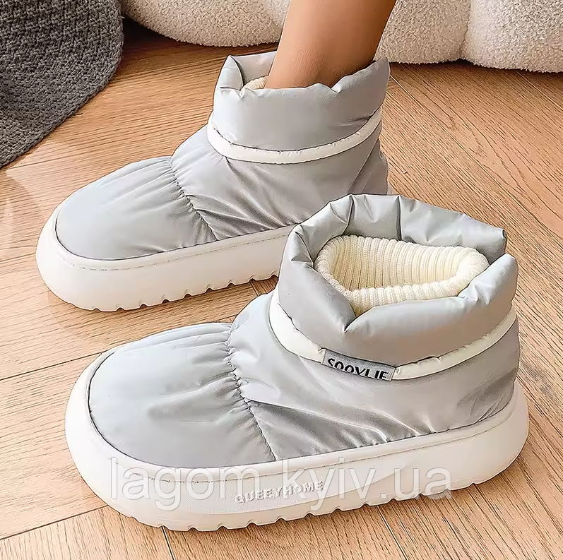 Жіночі теплі ботильйони, сірі дутики, черевики на товстій платформі, що не ковзає, фото 1