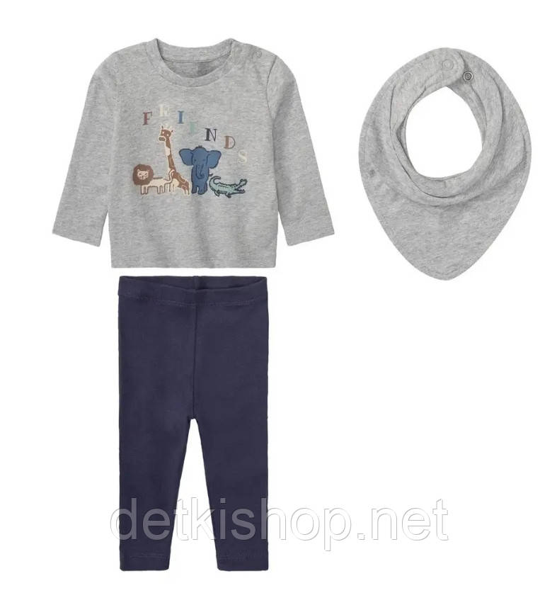 Дитячі комплекти 3в1 для хлопчика Lupilu реглан, штанці, слюнявчик, фото 1