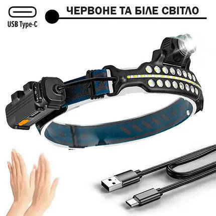 Ліхтар налобний BL-W690-LTS+SMD (white+red), сенсорний (з датчиком руху), універсальний із зарядкою USB, з оптичним зумом, фото 1