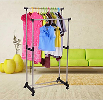 Телескопічна стійка-вішалка для одягу та взуття Double Pole Clothes Horse – мобільна регульована вішалка на коліщатках з полицею