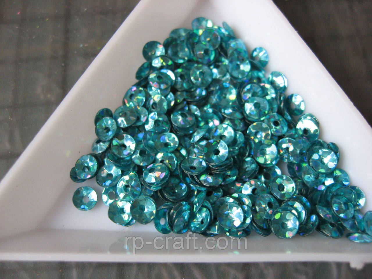 127. Упаковка паєток. Круглі, лійкоподібні, 4 мм, 5 грам, блакитна голограма, фото 1