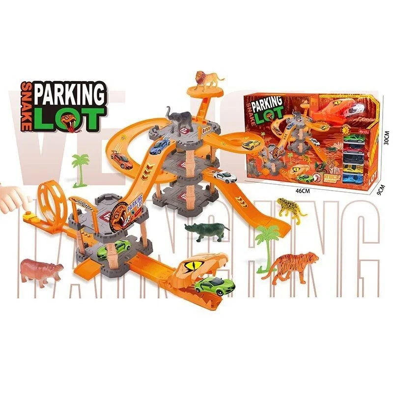 Автотрек Parking Lot (3 рівні, 6 металопластикових машинок, механічний запускач, фігурки тварин) 8865