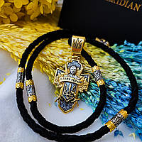 Срібний хрестик "Козак" та шнурок зі вставками зі срібла 925 проби з позолотою та чорнінням 846/4з+Кр0208з