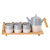 Чайний керамічний сервіз на бамбуковій підставці 8 предметів, сірий з білим