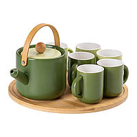 Чайний сервіз на 6 персон з бамбуковою обертовою підставкою, зелений