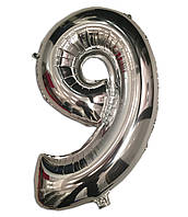 Куля цифра 9 фольгована срібло 35 см.