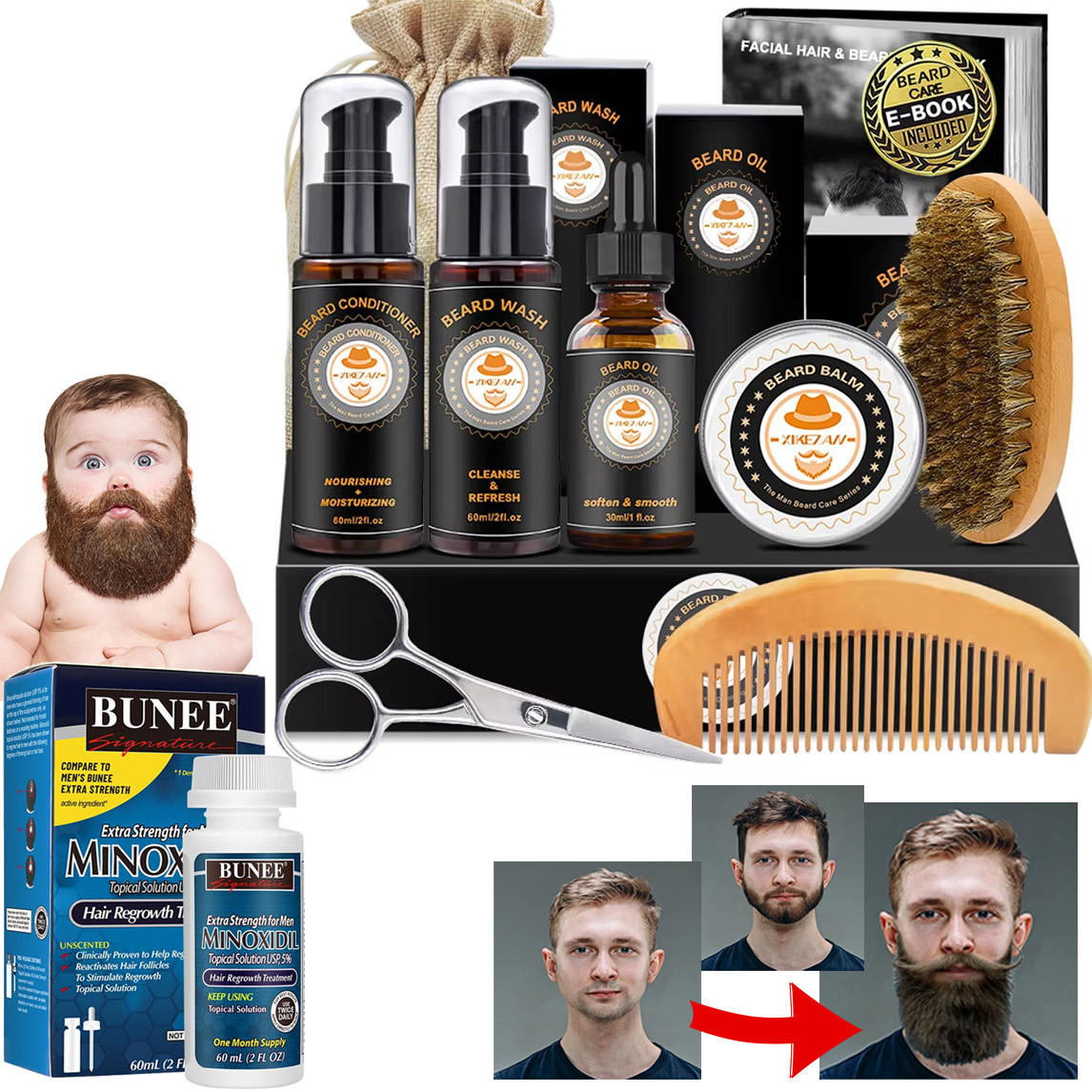Набір для росту та догляду за бородою та вусами Beard, сироватка пришвидшувач росту бороди, бальзам