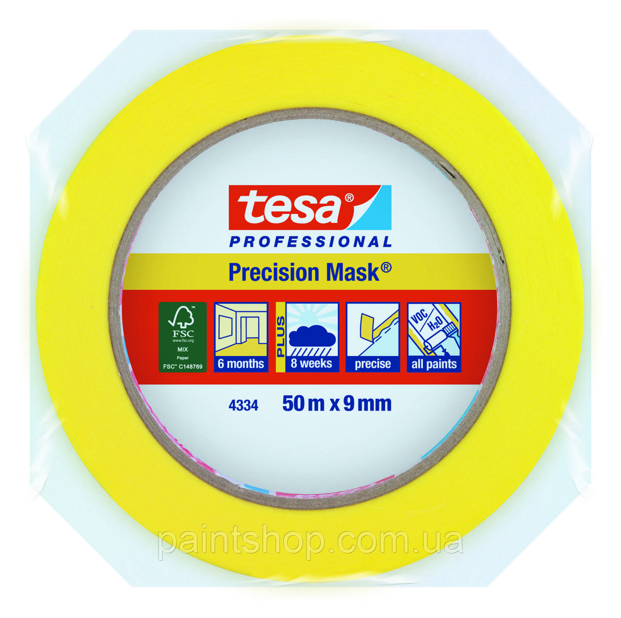 Стрічка малярська Tesa +150 °C 50 м х 9 мм Жовта, фото 1