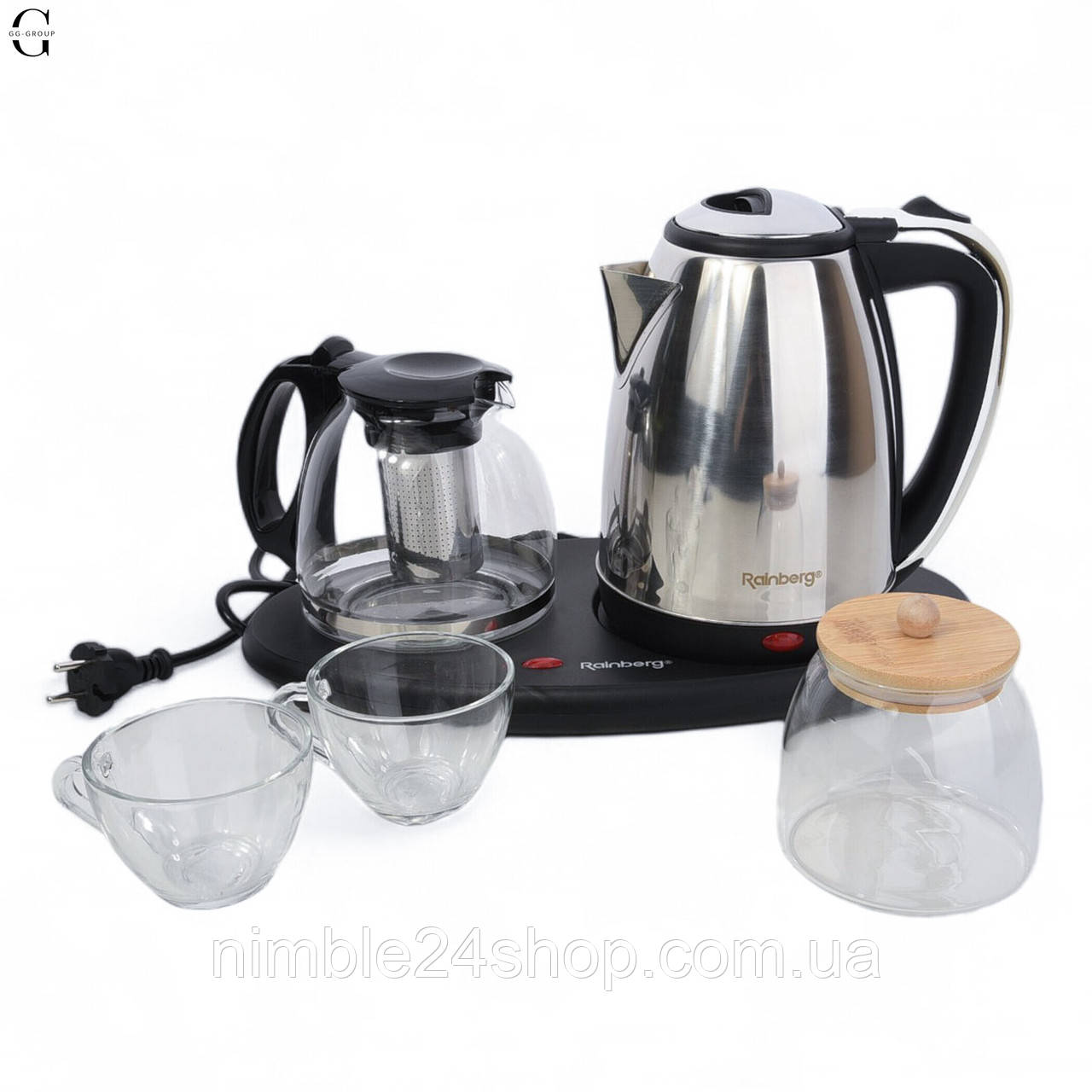 Чайник електричний з автопідігрівом заварника на підставці +2 чашки + ємність для чаю