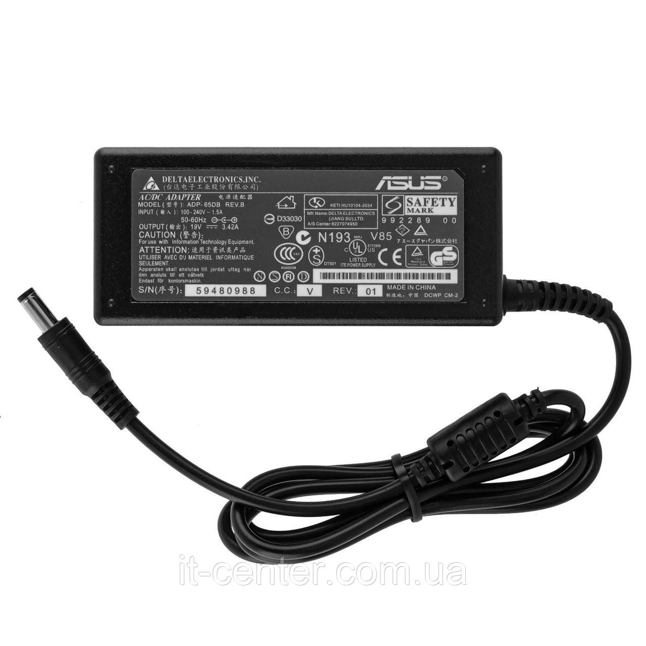 Блок живлення для ноутбука ASUS 19V, 3.42A, 65W, 5.5*2.5мм, прямий роз'єм, black (без кабеля!)