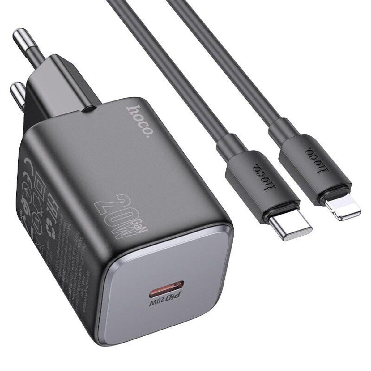Мережевий зарядний пристрій HOCO N40 Mighty single port PD20W charger set(C to iP) Black